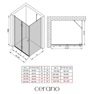 CERANO - Sprchovací kút Volpe L/P - 6 mm - čierna matná, transparentné sklo - 90x100x190 cm - zalamovacia