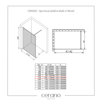 CERANO - Sprchová zástena Walk-in Moreli Ľ/P - 8 mm - čierna matná, transparentné sklo - 110x200 cm