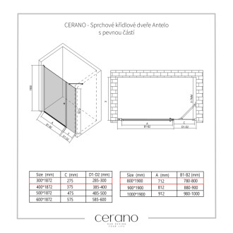 CERANO - Sprchové krídlové dvere Antelo s pevnou časťou L/P - 6 mm - čierna matná, transparentné sklo - 80x30 cm