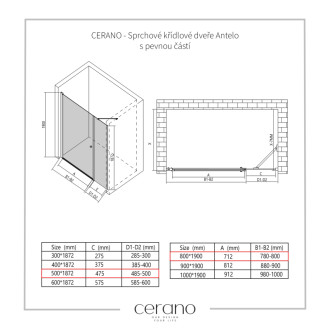 CERANO - Sprchové krídlové dvere Antelo s pevnou časťou L/P - 6 mm - čierna matná, transparentné sklo - 80x50 cm