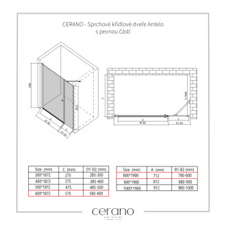 CERANO - Sprchové krídlové dvere Antelo s pevnou časťou L/P - 6 mm - čierna matná, transparentné sklo - 80x60 cm