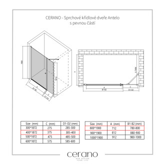 CERANO - Sprchové krídlové dvere Antelo s pevnou časťou L/P - 6 mm - chróm, transparentné sklo - 80x40 cm