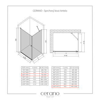CERANO - Sprchovací kút Antelo L/P - 6 mm - čierna matná, transparentné sklo - 80x100 cm - otočný