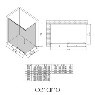 CERANO - Sprchovací kút Lantono L/P - 8 mm - Soft-Close - čierna matná, transparentné sklo - 130x90x195 cm - posuvný