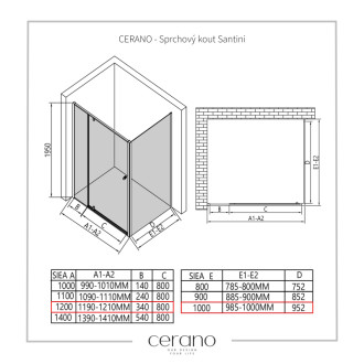 CERANO - Sprchovací kút Santini Ľ/P - 6 mm - čierna matná, transparentné sklo - 120x100 cm - pivotový