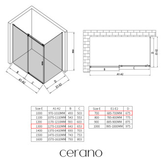 CERANO - Sprchovací kút Santoro Ľ/P - 6 mm - chróm, transparentné sklo - 130x70 cm - posuvný