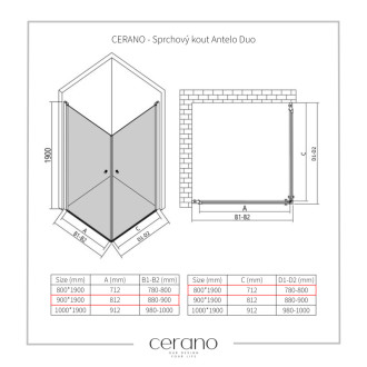 CERANO - Sprchovací kút Antelo Duo Ľ/P - 6 mm - čierna matná, transparentné sklo - 90x80 cm - otočný