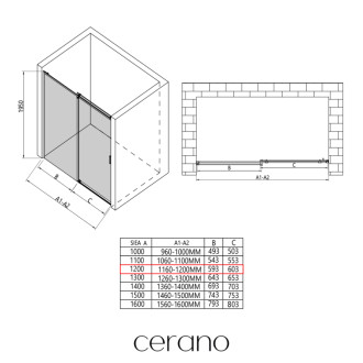 CERANO - Sprchové posuvné dvere Santoro Ľ/P - 8 mm - čierna matná, grafitové sklo - 120x195 cm