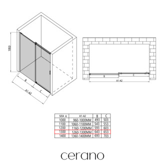 CERANO - Sprchové posuvné dvere Santoro Ľ/P - 6 mm - čierna matná, transparentné sklo - 130x195 cm