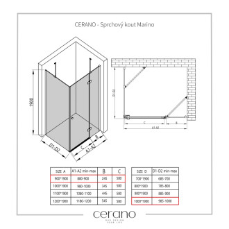 CERANO - Sprchovací kút Marino Ľ/P - 6 mm - čierna matná, transparentné sklo - 90x100 cm - pántový