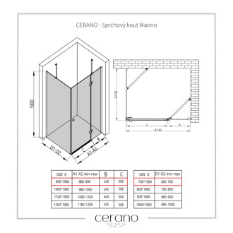 CERANO - Sprchovací kút Marino Ľ/P - 6 mm - čierna matná, transparentné sklo - 90x70 cm - pántový