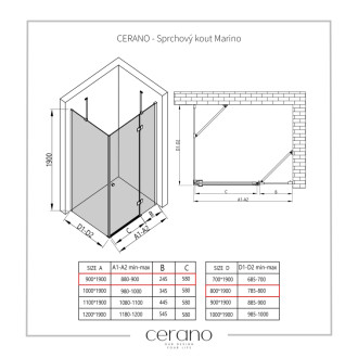 CERANO - Sprchovací kút Marino Ľ/P - 6 mm - čierna matná, transparentné sklo - 90x80 cm - pántový