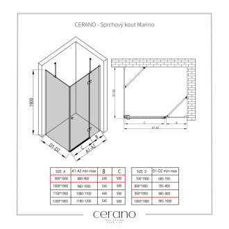 CERANO - Sprchovací kút Marino Ľ/P - 6 mm - čierna matná, transparentné sklo - 90x90 cm - pántový