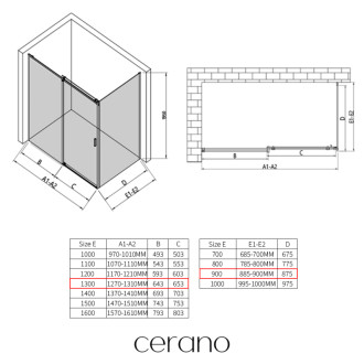 CERANO - Sprchovací kút Santoro Ľ/P - 6 mm - čierna matná, transparentné sklo - 130x90x195 cm - posuvný