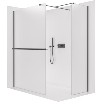 CERANO - Sprchová zástena Walk-in Onyx TL/P - 8 mm - hranatá vzpera + polička/držiak na uteráky - čierna matná, mliečne sklo - 100x30x200 cm