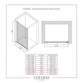 CERANO - Sprchové krídlové dvere Antelo L/P - 6 mm - čierna matná, transparentné sklo - 100x190 cm