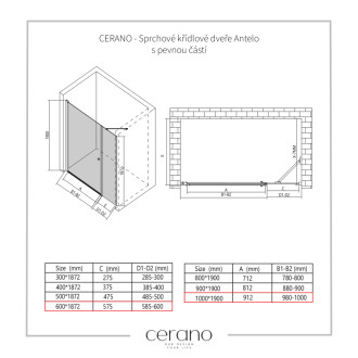 CERANO - Sprchové krídlové dvere Antelo s pevnou časťou L/P - 6 mm - čierna matná, transparentné sklo - 100x60cm