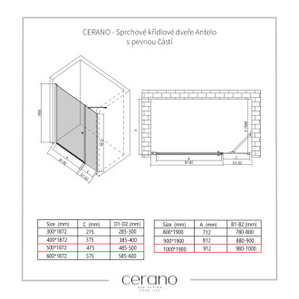 CERANO - Sprchové krídlové dvere Antelo s pevnou časťou Ľ/P - 6 mm - chróm, transparentné sklo - 100x50 cm