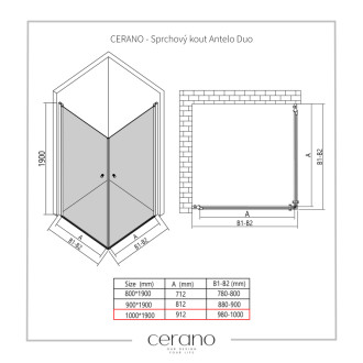 CERANO - Sprchovací kút Antelo Duo Ľ/P - 6 mm - čierna matná, transparentné sklo - 100x100 cm - otočný