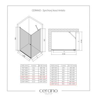 CERANO - Sprchovací kút Antelo L/P - 6 mm - čierna matná, transparentné sklo - 100x100 cm - otočný