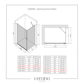 CERANO - Sprchovací kút Antelo L/P - 6 mm - čierna matná, transparentné sklo - 100x90 cm - otočný