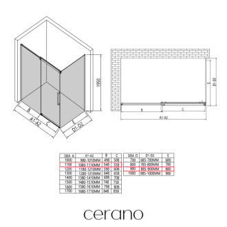 CERANO - Sprchovací kút Lantono L/P - 8 mm - čierna matná, transparentné sklo - 110x90 cm - posuvný