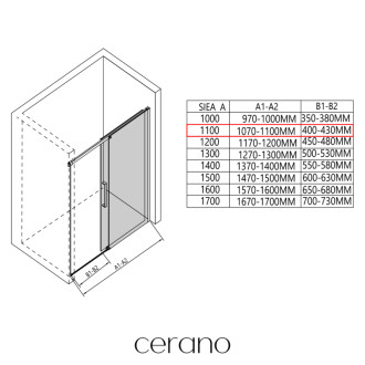 CERANO - Sprchovací kút Lantono L/P - 8 mm - čierna matná, transparentné sklo - 110x90 cm - posuvný