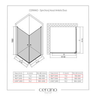 CERANO - Sprchovací kút Antelo Duo Ľ/P - 6 mm - čierna matná, transparentné sklo - 100x80 cm - otočný