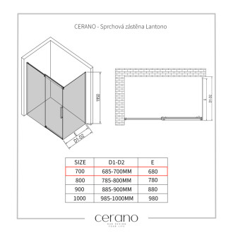 CERANO - Sprchová zástena pre dvere Lantono L/P - 8 mm - čierna matná, transparentné sklo - 70x195 cm - jednodielna pevná