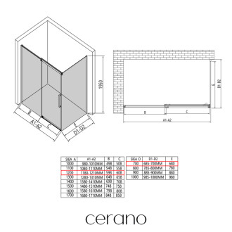 CERANO - Sprchovací kút Lantono L/P - 8 mm - čierna matná, transparentné sklo - 120x70 cm - posuvný