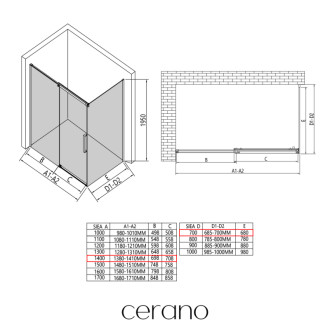 CERANO - Sprchovací kút Lantono L/P - 8 mm - čierna matná, transparentné sklo - 140x70 cm - posuvný