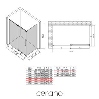 CERANO - Sprchovací kút Lantono L/P - 8 mm - čierna matná, transparentné sklo - 150x70 cm - posuvný
