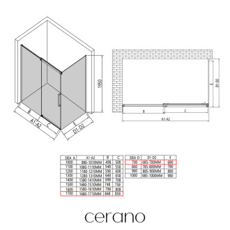 CERANO - Sprchovací kút Lantono L/P - 8 mm - čierna matná, transparentné sklo - 170x70 cm - posuvný