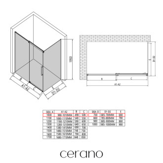 CERANO - Sprchovací kút Lantono L/P - 8 mm - čierna matná, transparentné sklo - 100x70 cm - posuvný