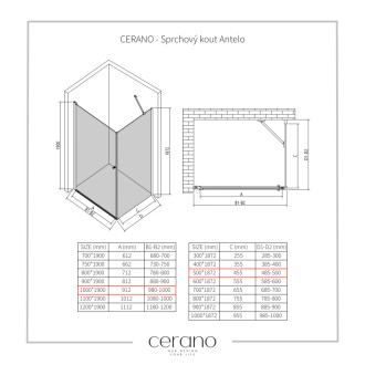 CERANO - Sprchovací kút Antelo L/P - 6 mm - čierna matná, transparentné sklo - 100x50x190 cm - otočný