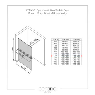CERANO - Sprchová zástena Walk-in Onyx Round Ľ/P - 10 mm + polička/držiak na uteráky - okrúhla vzpera - chróm, grafitové sklo - 120x200 cm