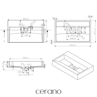 CERANO - Umývadlo z liateho mramoru Vita - nástenné aj na dosku - biela lesklá - 60x37 cm