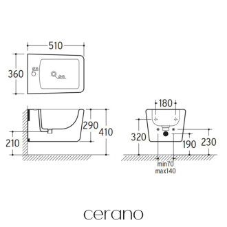 CERANO - Závesný bidet Forte - čierna matná - 36x51 cm