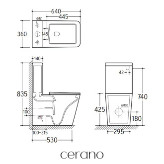 CERANO - WC kombi Bruno, Rimless + UF sedátko - čierna matná - 64x36 cm