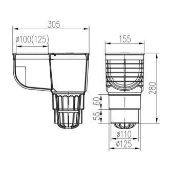 Kanalizačný vpust spodný D110/D125, liatinový povrch, pre zvod ?100 325 C Li/100