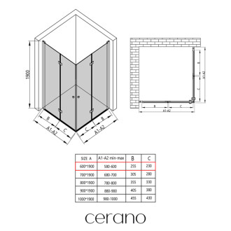 CERANO - Sprchovací kút Volpe Duo Ľ/P - 6 mm - čierna matná, transparentné sklo - 60x60x190 cm - zalamovacia