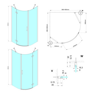 TRINITY GOLD MATT štvrťkruhový sprchovací kút 900x900mm, číre sklo, ľavé GT6590CL-G