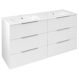 CIRASA umývadlová skrinka s dvojumývadlom 141x77x46cm, 3x zásuvka, biela lesk