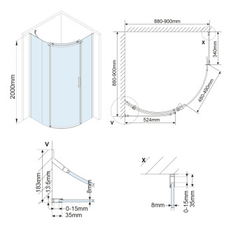 THRON SQUARE štvrťkruhová sprchová zástena 900x900mm, číre sklo, ľavá