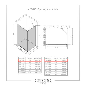 CERANO - Sprchovací kút Antelo L/P - 6 mm - čierna matná, transparentné sklo - 70x30x190 cm - otočný