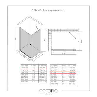 CERANO - Sprchovací kút Antelo L/P - 6 mm - čierna matná, transparentné sklo - 70x50x190 cm - otočný
