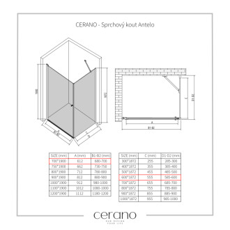 CERANO - Sprchovací kút Antelo L/P - 6 mm - čierna matná, transparentné sklo - 70x60x190 cm - otočný
