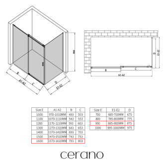 CERANO - Sprchovací kút Santoro Ľ/P - 8 mm - čierna matná, transparentné sklo - 160x90x195 cm - posuvný