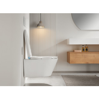 CERANO - Závesná WC misa s integrovaným elektronickým bidetom Cronus Standard, Vortex Rimless 180 ° + UF sedátko - biela lesklá - 59,3x38,4 cm