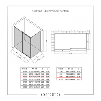 CERANO - Sprchový kout Santoro L/P - 6 mm - černá matná, transparentní sklo - 120x90 cm - posuvný dev